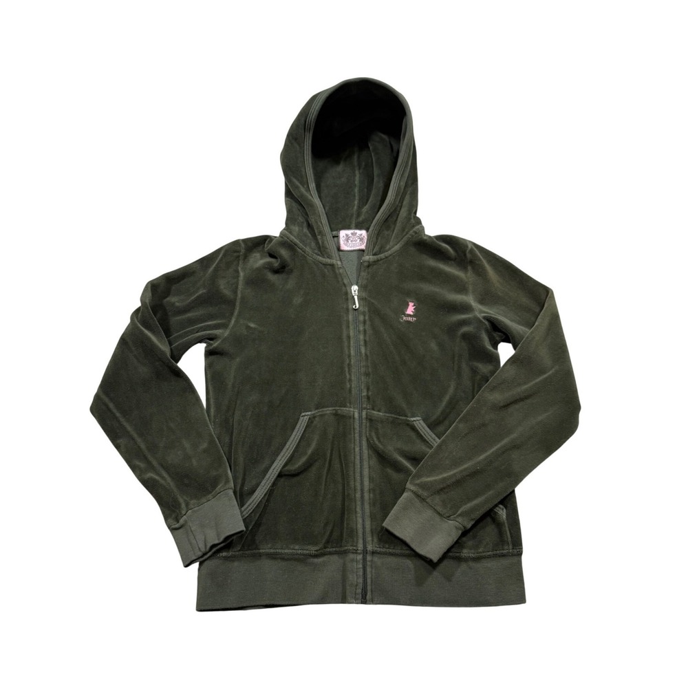Juicy Couture Youth Olive Green Velour Zip Up Hoodie Y2K Track Jacket 2000s 12